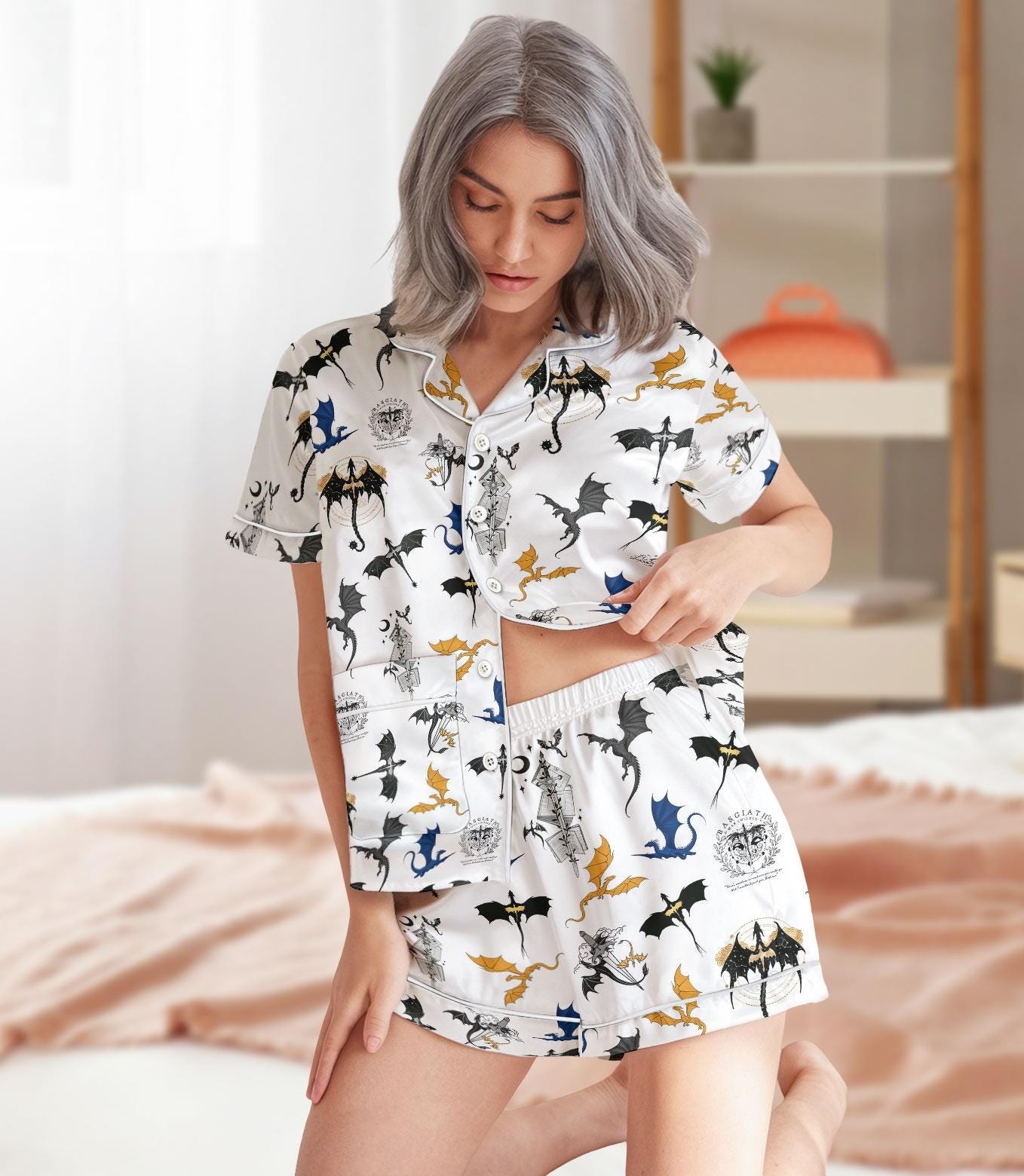 Fourth Wing Short Satin Pajamas, Dragon Fly or Die Pajamas Set, Dragon ...