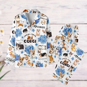 Corgi Dog Pajamas Set, Corgi Floral Pajamas, Cute Pet Mom Long Sleeve Pyjamas, Animal Holiday Pjs, Corgi Mom Gift, Corgi Mama Pjs