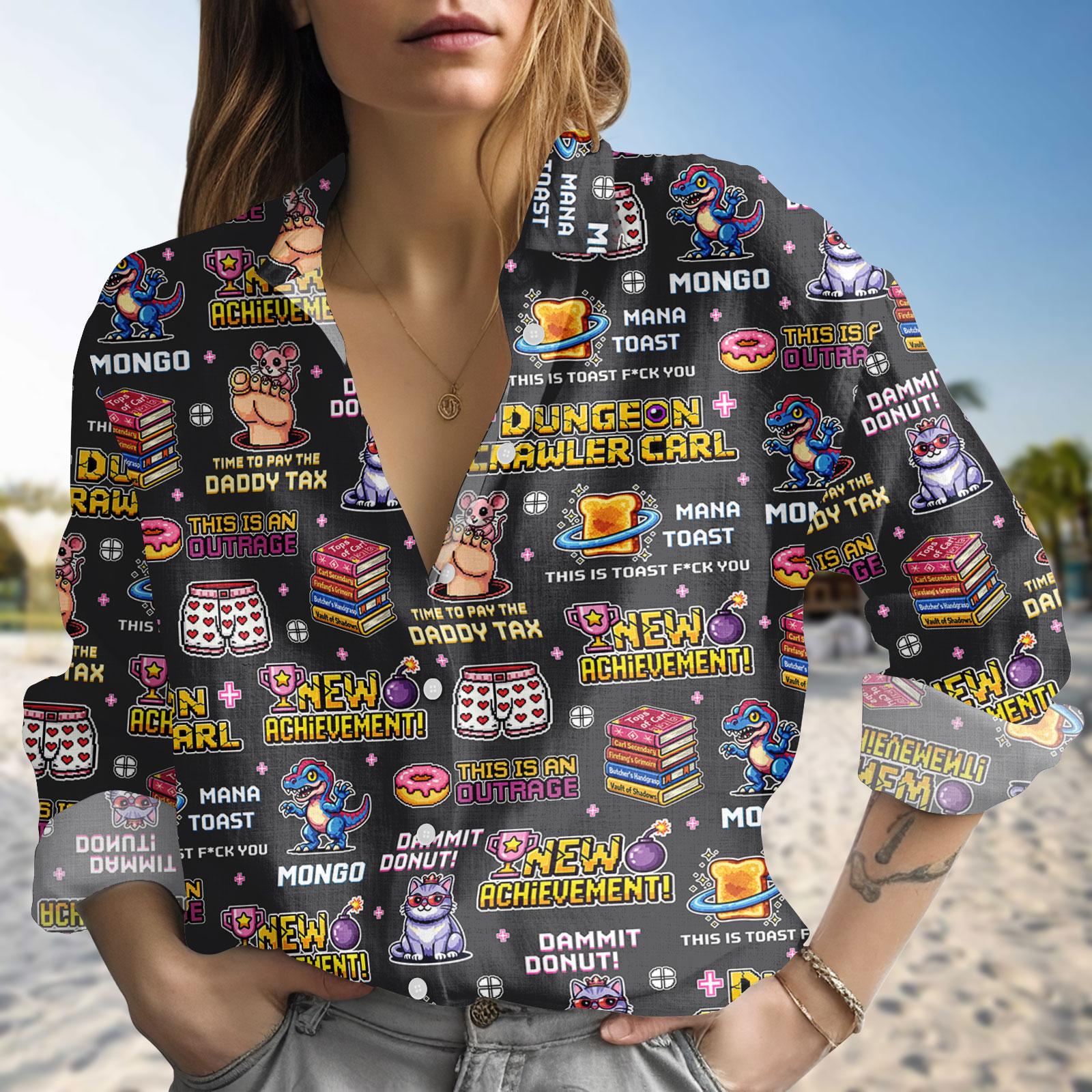 Discover Dungeon Crawler Carl Blouse, Gamer Linen-look Shirt, Humorous Button-Down Top, Women's Blouse Gift