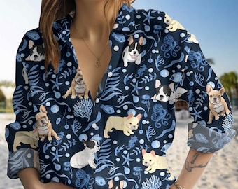 French Bulldog Blouse Shirt, French Bulldog Casual Shirt, Blouse Shirt Women, Blouse Women Shirt, Long Sleeve Shirt, Shirt For Women
