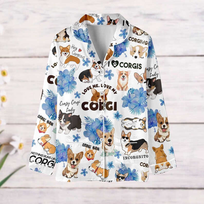 Corgi Dog Pajamas Set, Corgi Floral Pajamas, Cute Pet Mom Long Sleeve Pyjamas, Animal Holiday Pjs, Corgi Mom Gift, Corgi Mama Pjs