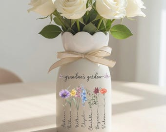 Personalized Grandma's Garden Flower Vase, Ceramic Custom Vase, Gift for Her, Mother's Day Gift, Home Decor, Grandparent Gift