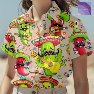 Camisa mexicana com botões para o Cinco de Mayo, camisa havaiana da moda mexicana Fiesta, presentes divertidos de pimenta, camisas havaianas com botões para o Cinco de Mayo