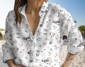 Minnie Floral Blouse Shirt, Magic Kingdom Shirt, Minnie Button Down Blouse, Mickey and Friends Blouse Shirt, Disney Blouse Shirt