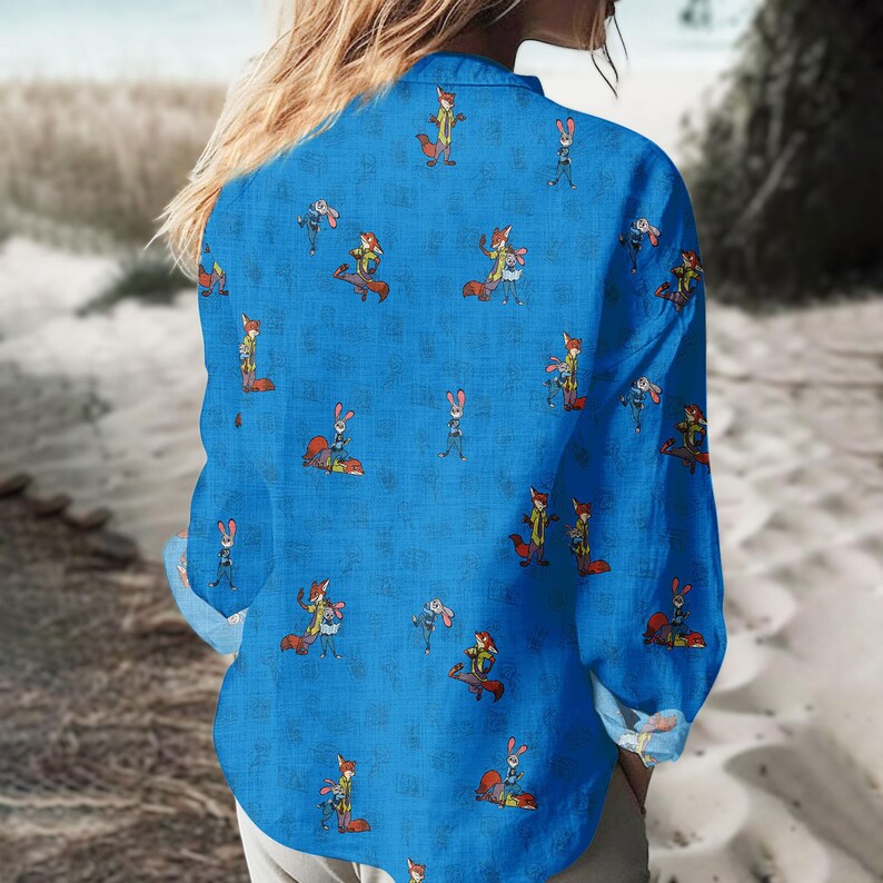 Zootopia Blouse Shirt, Disney Character Linen-look Shirt, Fox And Bunny Button Down Blouse, Cartoon Vacation Shirt, Birthday Gift