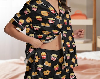 Fast Food Short Satin Pajamas, Funny Food Pajamas Set Women, French Fry Short Sleeve Pajamas, Food Lover Pajamas, Fast Food Pajamas