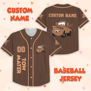 Custom Mater Cars Baseball Jersey, Tow Mater Disney Jersey Shirt, Disney Car Jersey, Route 66 Family Trip Tee, Adults Kids Jersey