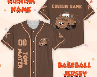 Custom Mater Cars Baseball Jersey, Tow Mater Disney Jersey Shirt, Disney Car Jersey, Route 66 Family Trip Tee, Adults Kids Jersey