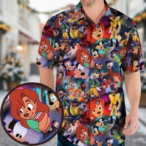 May include: Short-sleeved button-down shirt featuring a colorful collage of cartoon characters. The shirt's design includes various characters in a vibrant and detailed pattern, creating a playful and eye-catching aesthetic.