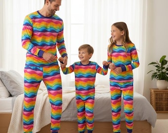Rainbow Christmas Family Pajamas, Colorful Pajama Set, Long Sleeve Pajamas Set, Matching Pajamas Set, Fun Holiday Gift