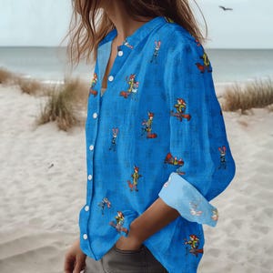 Zootopia Blouse Shirt, Disney Character Linen-look Shirt, Fox And Bunny Button Down Blouse, Cartoon Vacation Shirt, Birthday Gift
