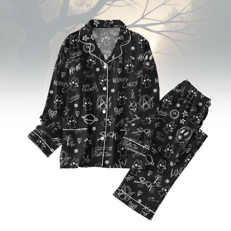 Slender Bunny Horror Pajama Set, Dark Aesthetic Pajamas, Nobody Cares Graffiti Sleepwear, Creepy Cute Loungewear, Edgy Goth Nightwear