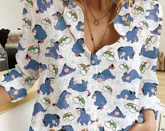 Blusa de Ígor de Disney, blusa abotonada de Winnie Pooh, camisa de Ígor de dibujos animados para mujer, regalo de Disney de burro triste, atuendo de Ígor
