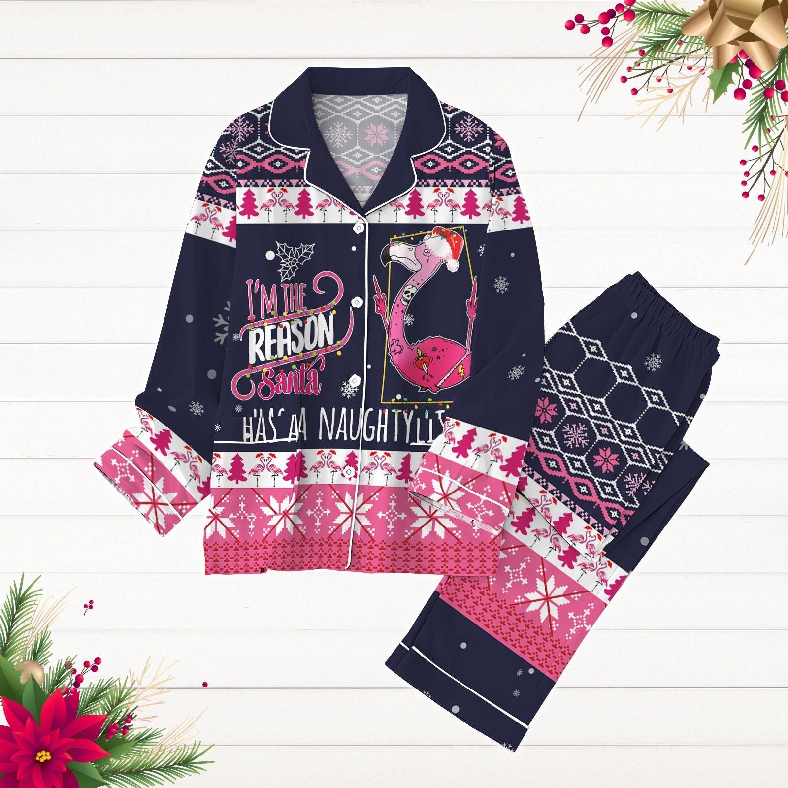 Discover Christmas Flamingo Pajamas Set, Santa Hat Flamingo Holiday Pjs, Christmas Lights Tree Shirt, Xmas Animal Holiday Pajamas, Winter Season