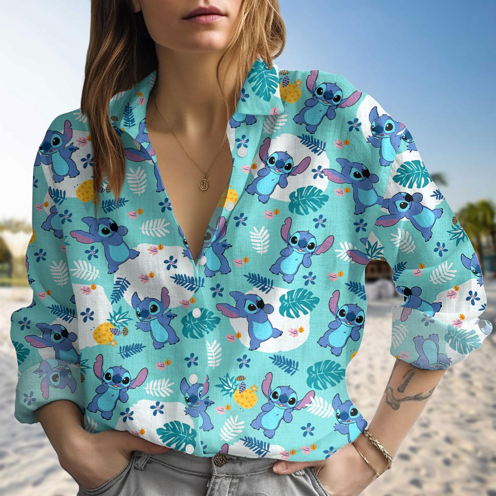 Discover Stitch Floral Blouse Shirt, Lilo and Stitch Summer Top, Disney Vacation Shirt, Tropical Stitch Tee for Women