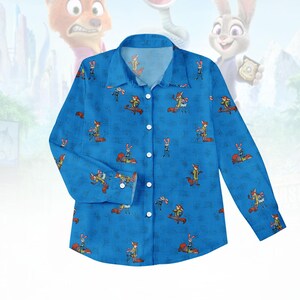 Zootopia Blouse Shirt, Disney Character Linen-look Shirt, Fox And Bunny Button Down Blouse, Cartoon Vacation Shirt, Birthday Gift