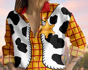 Bluzka Woody'ego, lniana koszula z motywem kowboja z filmu Toy Story, strój Disneybound, koszulka z wycieczką do Disneylandu, pasująca do grupy koszulka cosplay