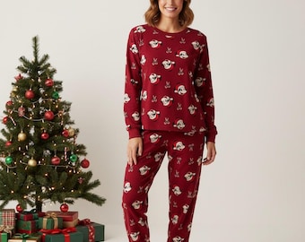Reindeer Long Sleeve Pajamas Set, Holiday Christmas Pajamas Family, Festive Matching Pajamas For Party, Cozy Gift