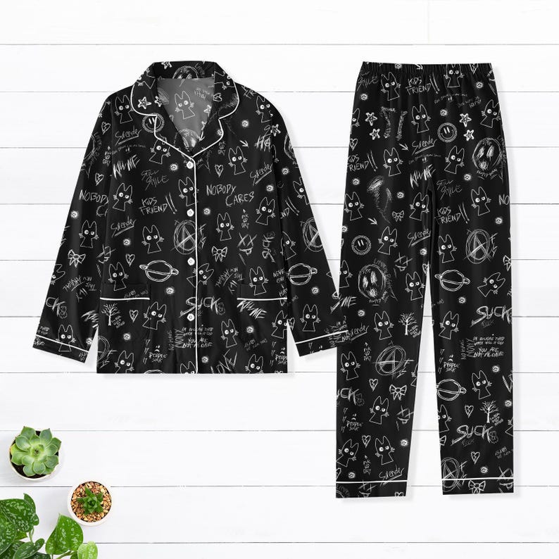 Slender Bunny Horror Pajama Set, Dark Aesthetic Pajamas, Nobody Cares Graffiti Sleepwear, Creepy Cute Loungewear, Edgy Goth Nightwear