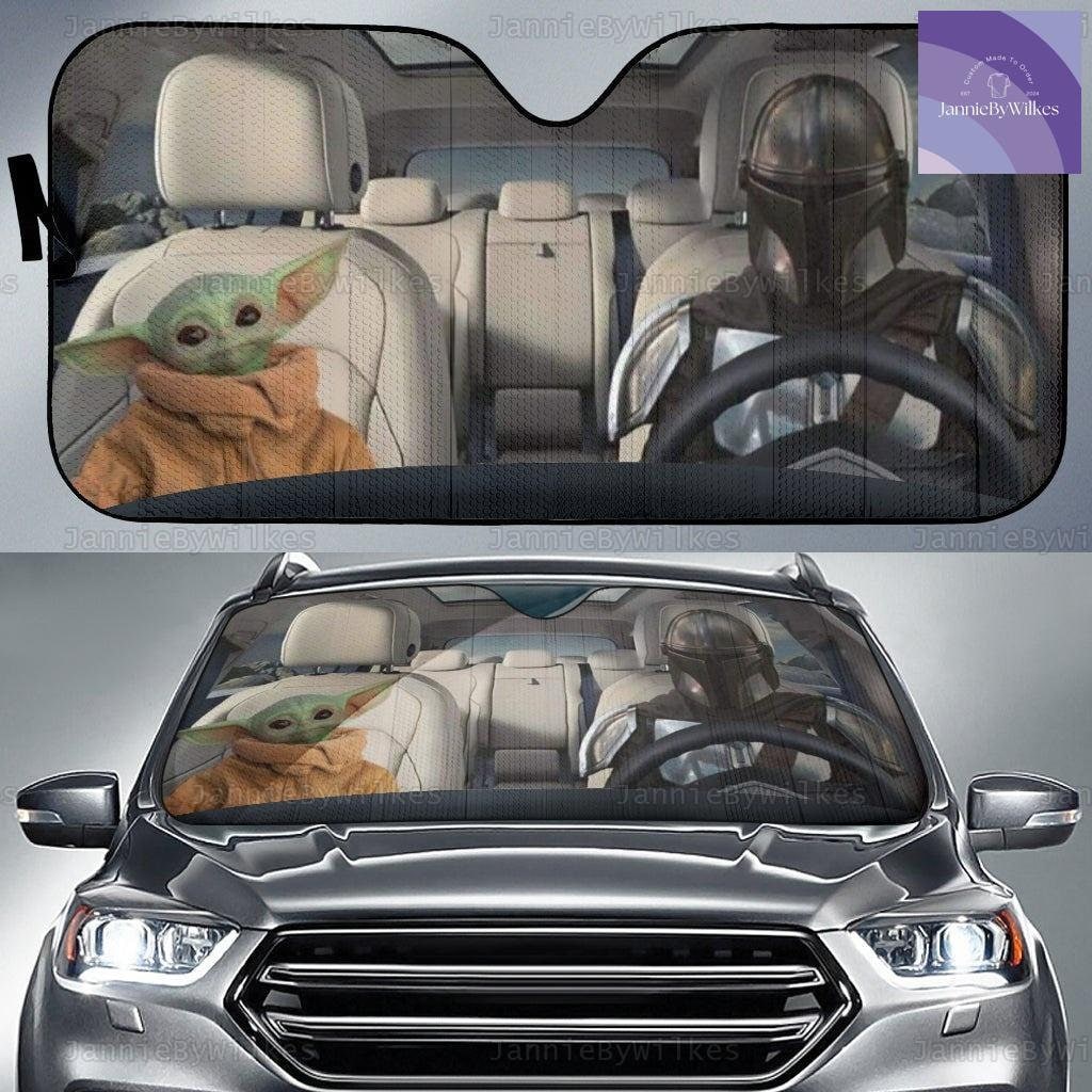 Halloween Baby Yoda and Mandalorian Car Sunshade, Yoda Car