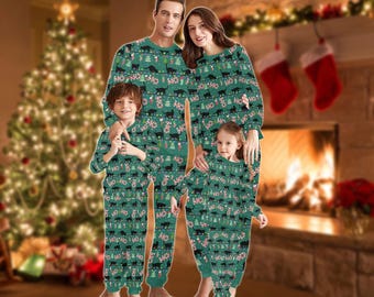 Pijama familiar de gato negro, pijama navideño a juego, pijama de gatito adorable, ropa de dormir navideña para amantes de los gatos, ropa de estar cómoda para el invierno.