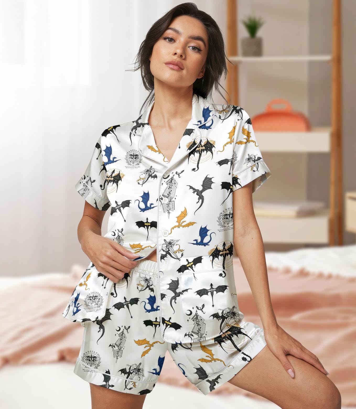 Fourth Wing Short Satin Pajamas, Dragon Fly or Die Pajamas Set, Dragon ...