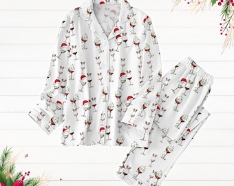 Pijama navideño de copa de vino tinto, pijama navideño de reno de Papá Noel, pijama navideño divertido para beber, regalo para fiesta navideña, pijama de manga larga