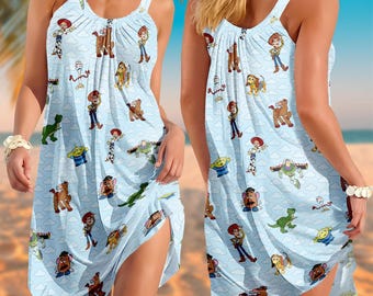 Zomerjurk Toy Story Sling, Disney Pixar Beach-jurk, Buzz Woody Jessie Sundress, vakantiejurk Disney Toy vakantie, leuke outfit voor parkdag