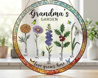 Grandma's Garden Stained Glass Suncatcher, Birth Flower Window Hanging, Gift for Grandma, Mothers Day Gift, Personalized Decor