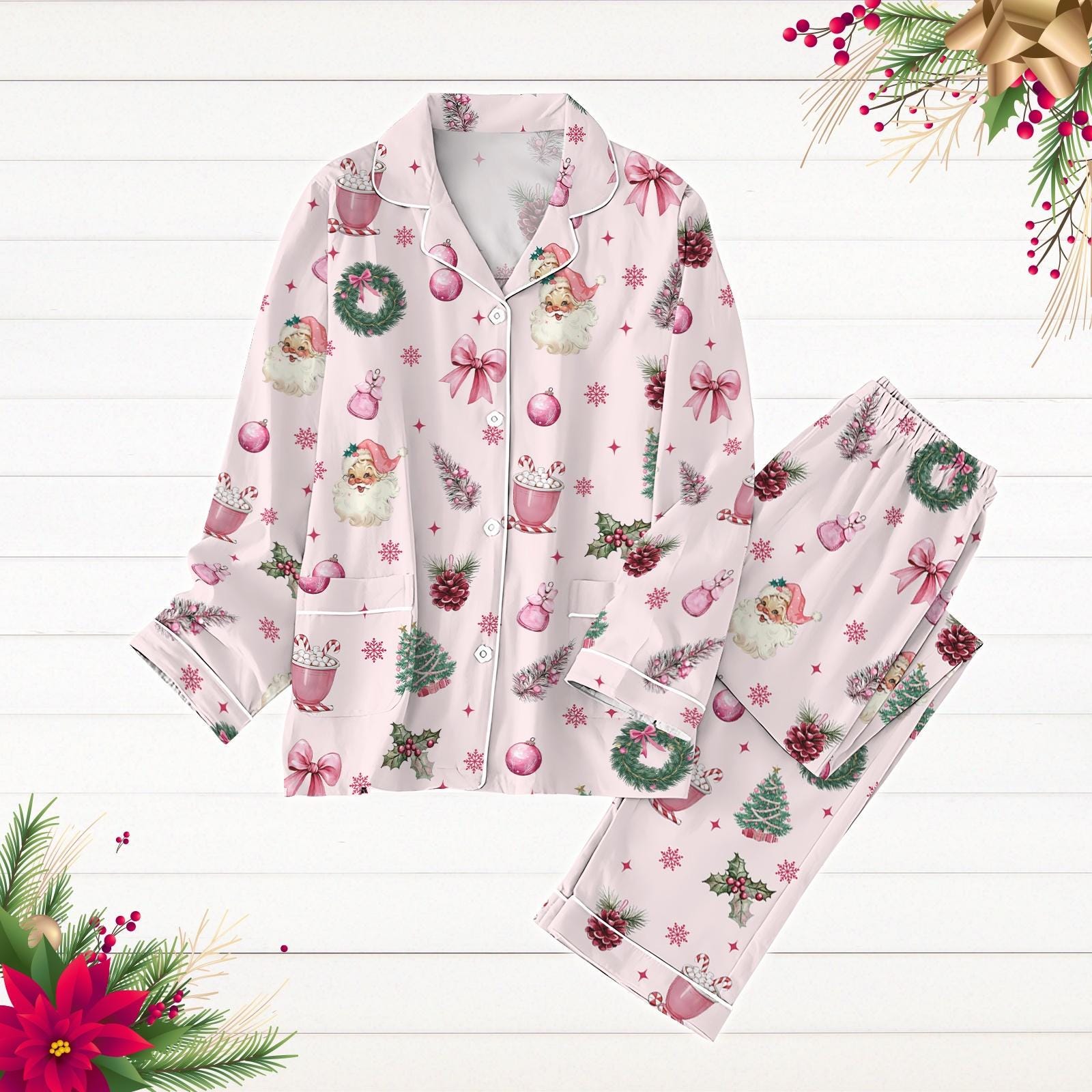 Discover Christmas Coquette Bows Pajamas Set, Cute Pink Ribbon Santa Holiday Pajamas, Christmas Tree Shirt, Pjs For Party, Merry Xmas Bows Pjs