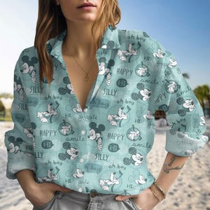 Mickey Mouse Blouse Shirt, Disney Characters Button Down Blouse, Mickey Blouse Shirt, Magic Kingdom Linen-look Shirt, Magical Park Top