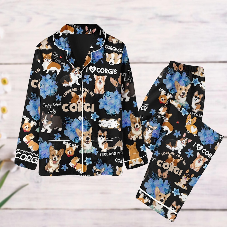 Corgi Dog Pajamas Set, Corgi Floral Pajamas, Cute Pet Mom Long Sleeve Pyjamas, Animal Holiday Pjs, Corgi Mom Gift, Corgi Mama Pjs