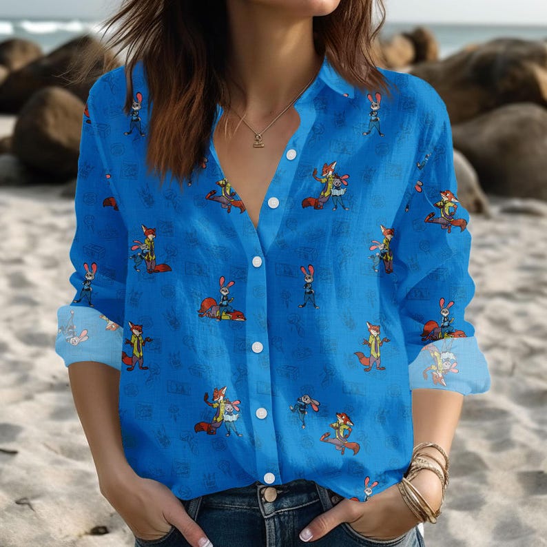 Zootopia Blouse Shirt, Disney Character Linen-look Shirt, Fox And Bunny Button Down Blouse, Cartoon Vacation Shirt, Birthday Gift