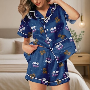 Bears And Choo-Choo Train Short Satin Pajamas, Choo Choo Satin Pajamas, Cute Bear Short Pajamas, Rumi Kpop Teddy Bears Pajamas Set