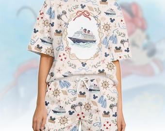 Disney Cruise Tshirt And Shorts, Mickey Cruise Pajamas Woman Set, Cartoon Sleepwear, Mickey Satin Pajamas, Let's Cruise Pajamas Set