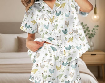 Funny Chicken Short Satin Pajamas, Chicken Lover Sleepwear Set, Farm Animal Pajamas For Women, Hen Nightwear, Chicken Themed Loungewear