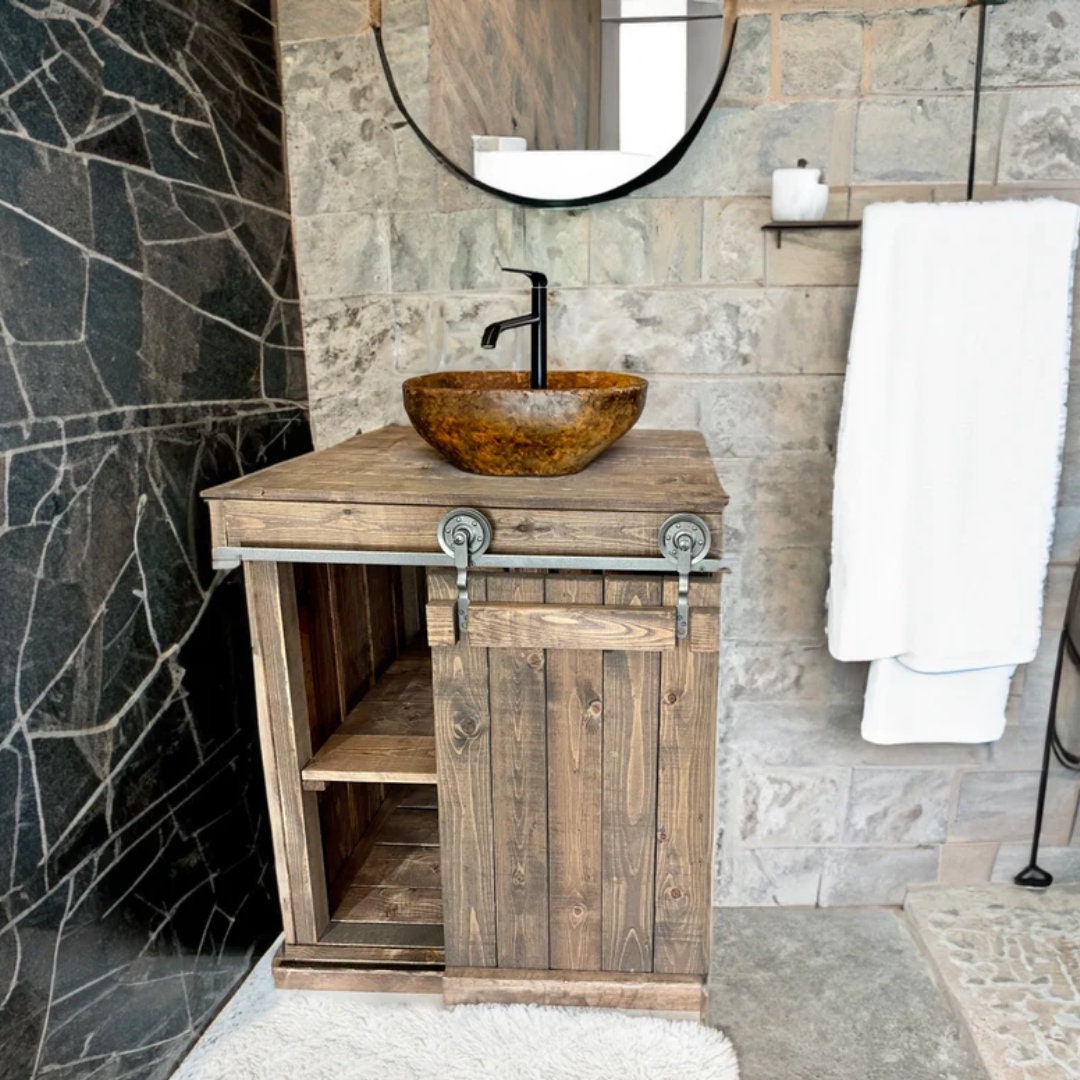 Rustic Bathroom Vanity With Sliding Barn Doors, Weathered Distressed Wood, Farmhouse Cabin ...