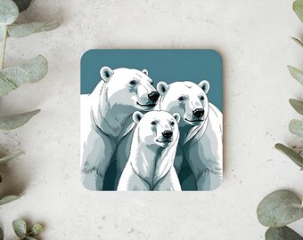 Onderzetter voor thee en koffie | Unieke Coaster Polar Bear Family Ice Arctic Antarctic in tekenstijl cadeau kunst ontwerp Home Decor