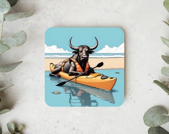 Onderzetter voor thee en koffie | Unieke Coaster Waterbuffel Kajak Reddingsvest Grappige Nieuwigheid Oceaan in tekenstijl cadeau kunst ontwerp Home Decor