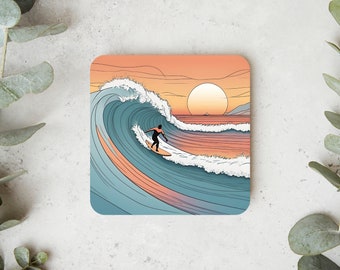 Onderzetter voor thee en koffie | Unieke Coaster Sunset Surfer Bug Wave Ocean in tekenstijl cadeau kunst ontwerp Home Decor
