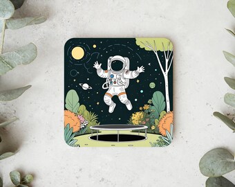 Coaster for Tea and Coffee | Unique Gift Funny Astronaut Trampoline Space Earth Housewarming Gift Art Design Home Decor