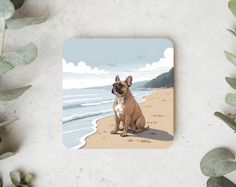 Onderzetter voor thee en koffie | Uniek cadeau Franse bulldog op strand in tekenstijl schattig huisdier kunst cadeau Home Decor