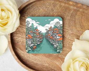 Coaster for Tea and Coffee | Unique Gift Asian City Water Urban Jungle Housewarming Gift Art Design Home Decor