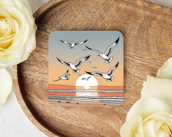 Onderzetter voor thee en koffie | Unieke Coaster Seagulls Birds Ocean Beach in tekenstijl cadeau kunst ontwerp Home Decor