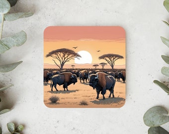 Onderzetter voor thee en koffie | Uniek cadeau Buffalo Herd Africa Sunset Housewarming Gift Art Design Home Decor