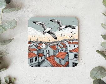 Onderzetter voor thee en koffie | Unieke Coaster City Birds Rooftop Seagull in tekenstijl cadeau kunst design Home Decor