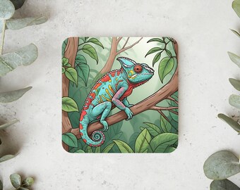 Onderzetter voor thee en koffie | Uniek cadeau Blue Chameleon Jungle Branch Housewarming Gift Art Design Home Decor