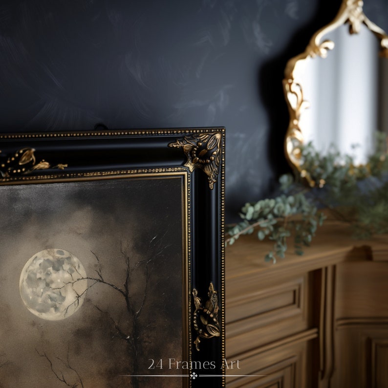 Dark Moon Oil Painting Wall Art Moonlight Oil Painting Dark Night Sky Painting Gothic Wall Art Goth Room Decor Moody Dark Forest Painting imagem 3