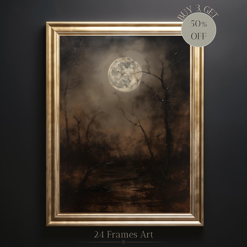 Dark Moon Oil Painting Wall Art Moonlight Oil Painting Dark Night Sky Painting Gothic Wall Art Goth Room Decor Moody Dark Forest Painting imagem 1