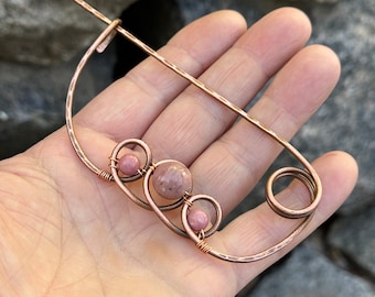 Rhodonite Shawl pin brooch, Shawl or sweater pin, oxidized copper shawl pin, Copper shawl pin, Celtic copper brooch, Safety Pin